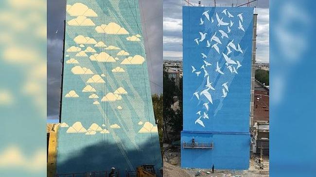 39 птиц и облаков украсили пострадавший от взрыва дом в Магнитогорске
