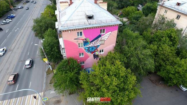 На стене жилого дома в центре Челябинска поселилась гигантская колибри