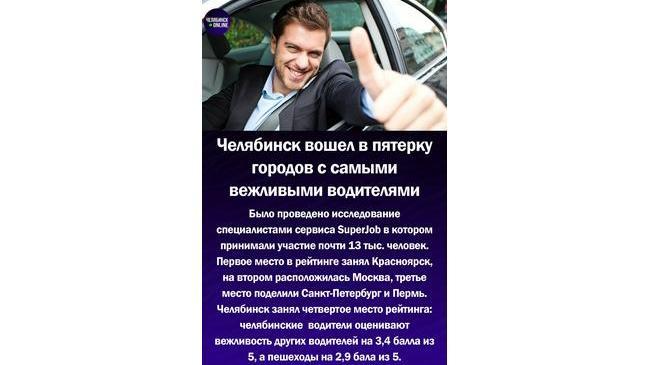 😃Челябинск занял 4 место в рейтинге российских городов с самыми вежливыми водителями