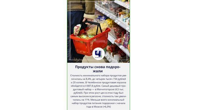 🍞 Минимальный набор продуктов в Челябинской области подорожал на 8%