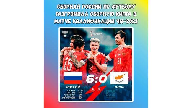 ⚽ Сборная России разгромила команду Кипра в матче европейского отборочного турнира ЧМ-2022– 6:0. Ура! 💪🏻🥳